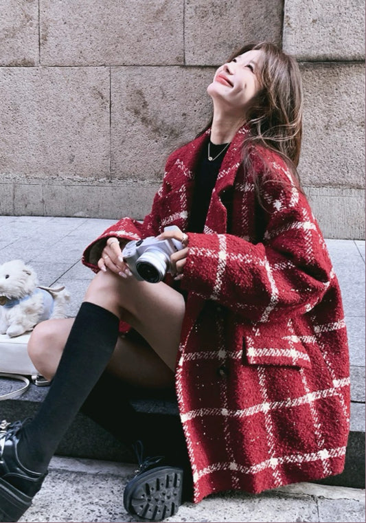 紅格仔毛呢外套