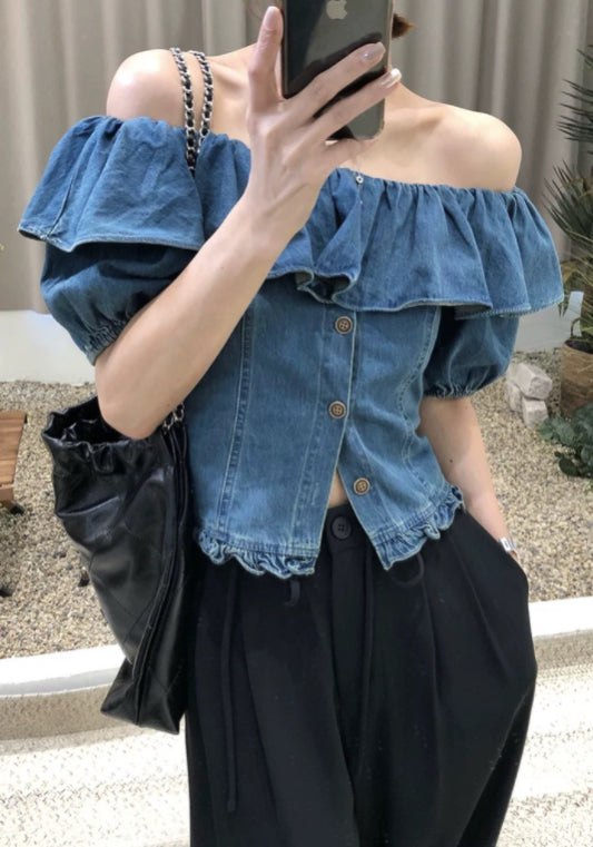 牛仔露肩上衣
