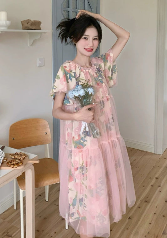 網紗花案連衣裙