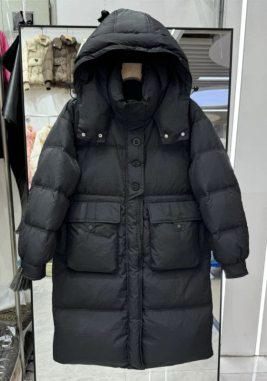 Long, fitted, hooded down jacket