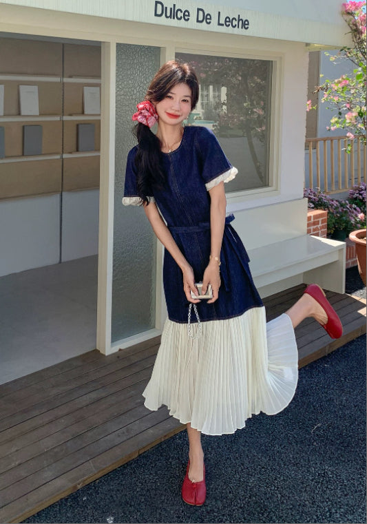 牛仔天絲拼接裙