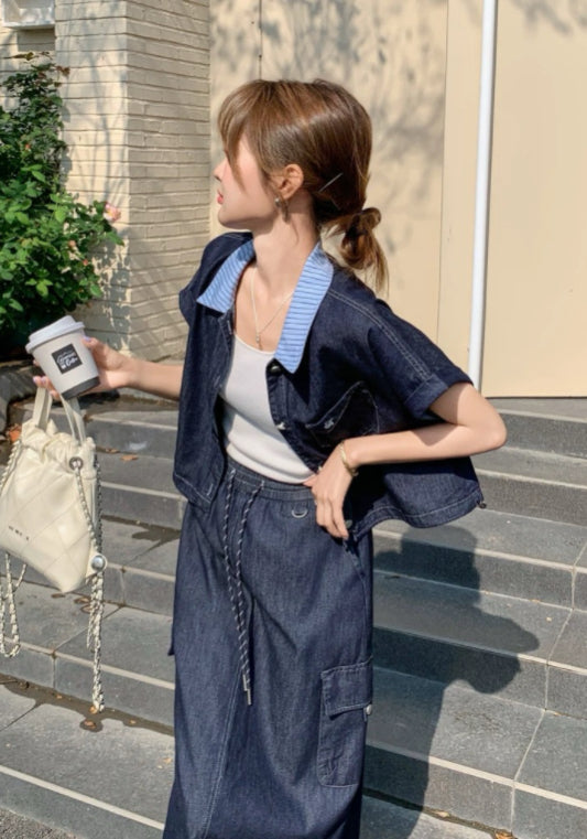 深藍牛仔裙套裝