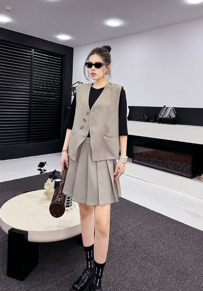 Korean style V-neck sleeveless vest suit