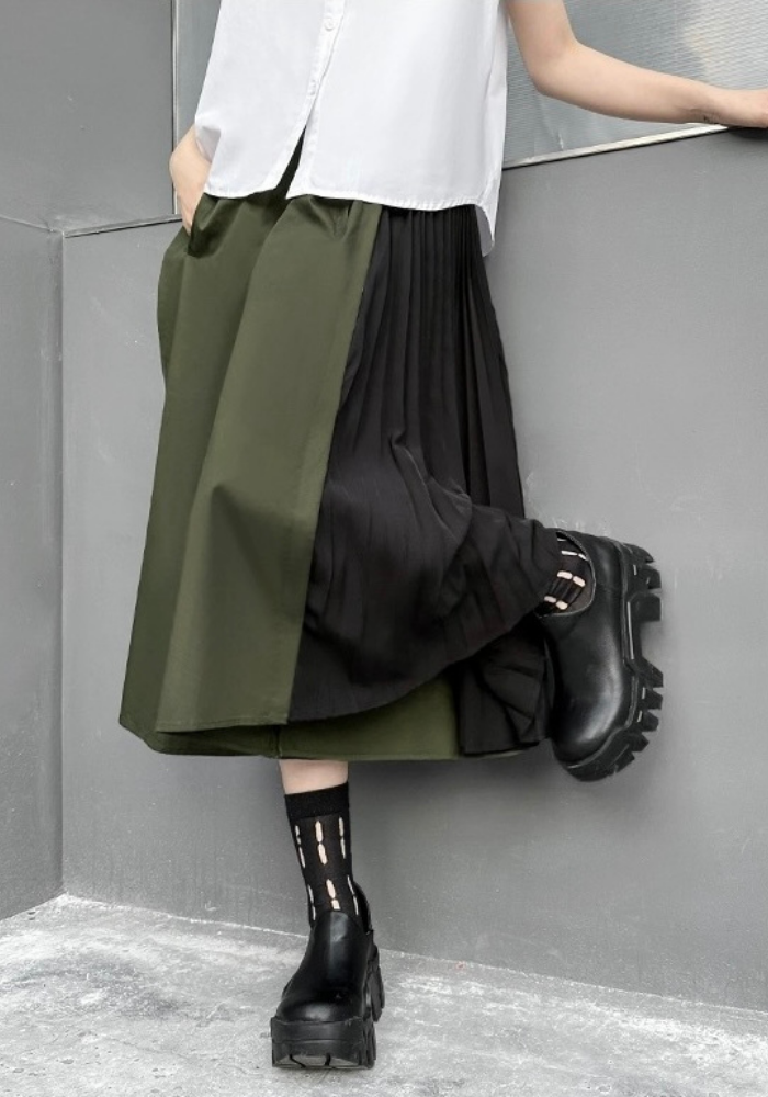 patchwork pleated straight skirt