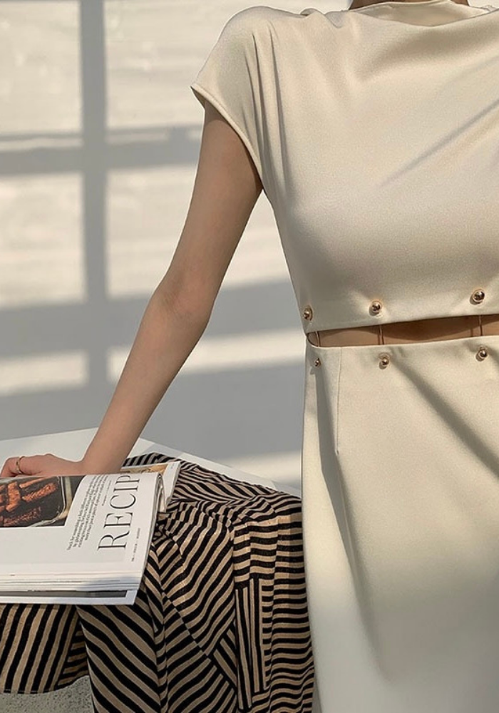 French detachable beaded button waist long skirt