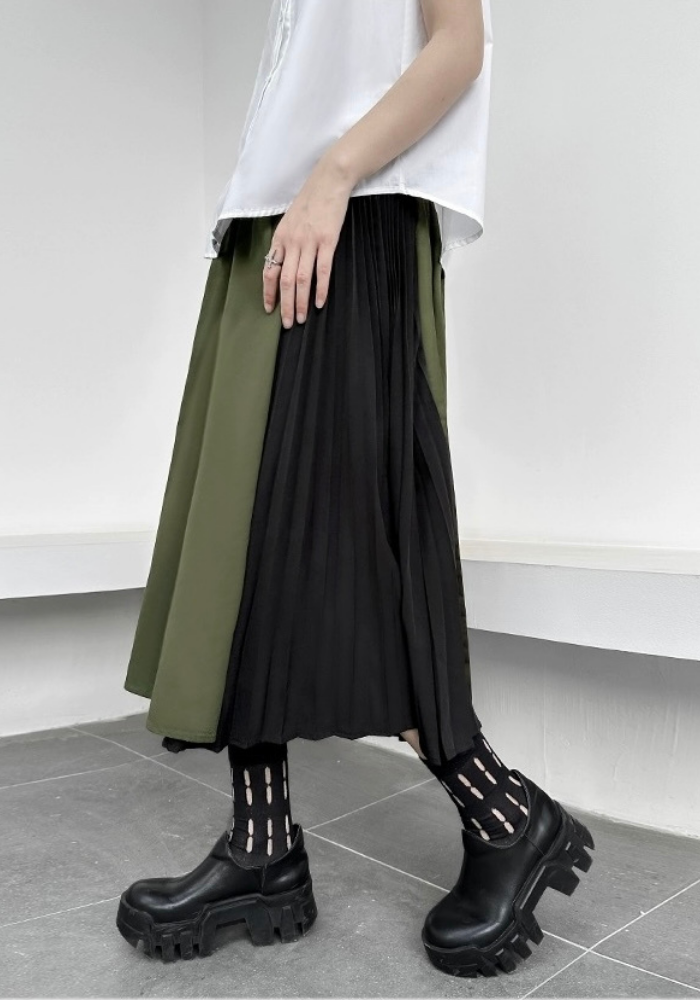 patchwork pleated straight skirt