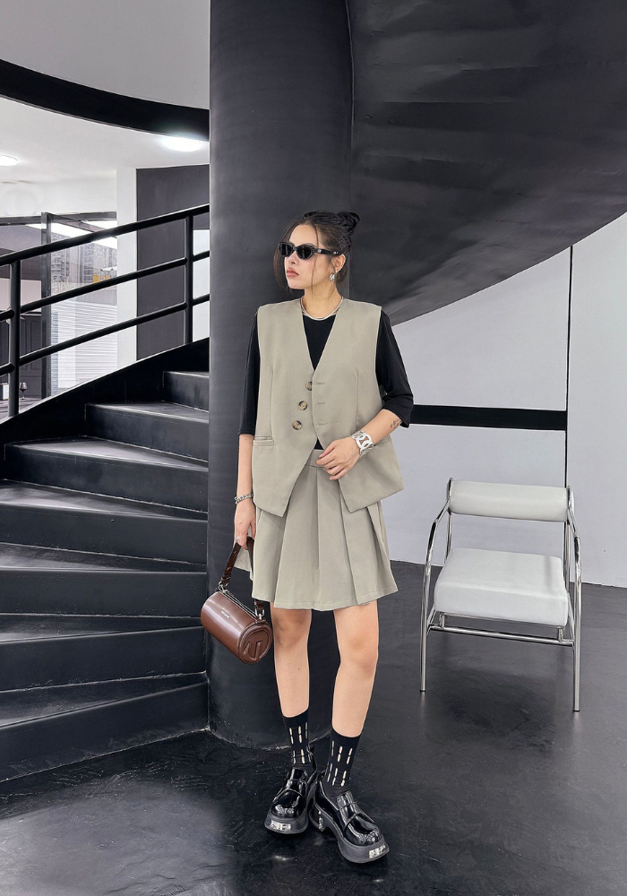 Korean style V-neck sleeveless vest suit