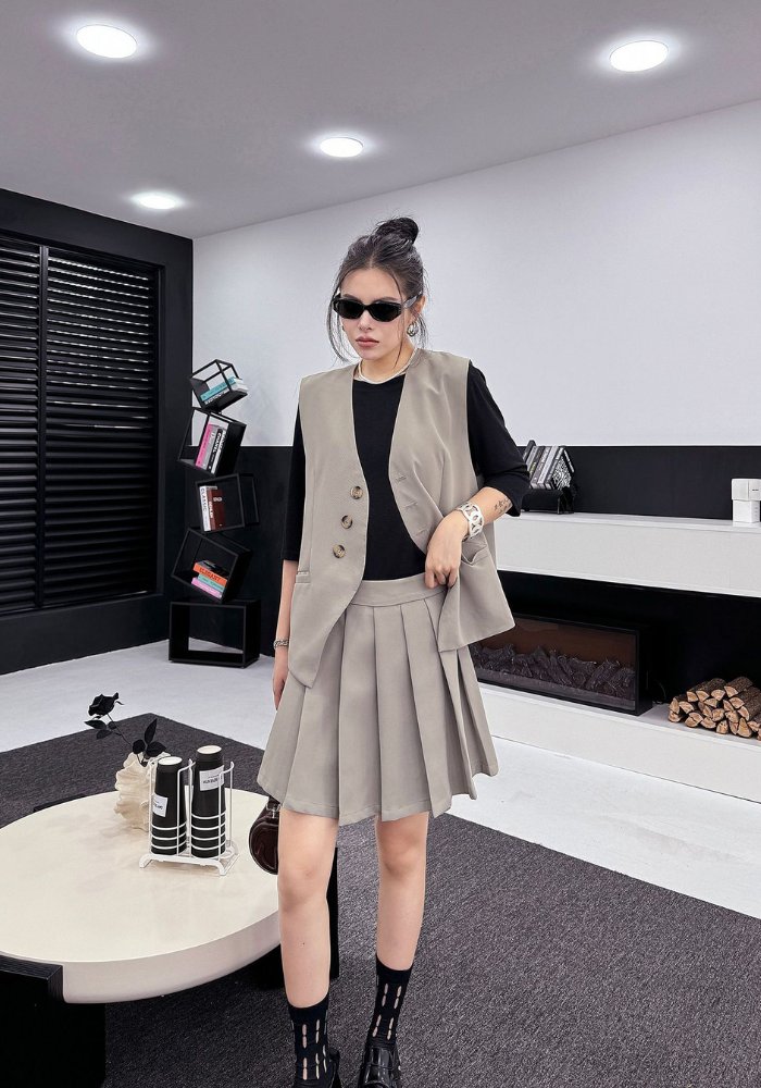 Korean style V-neck sleeveless vest suit