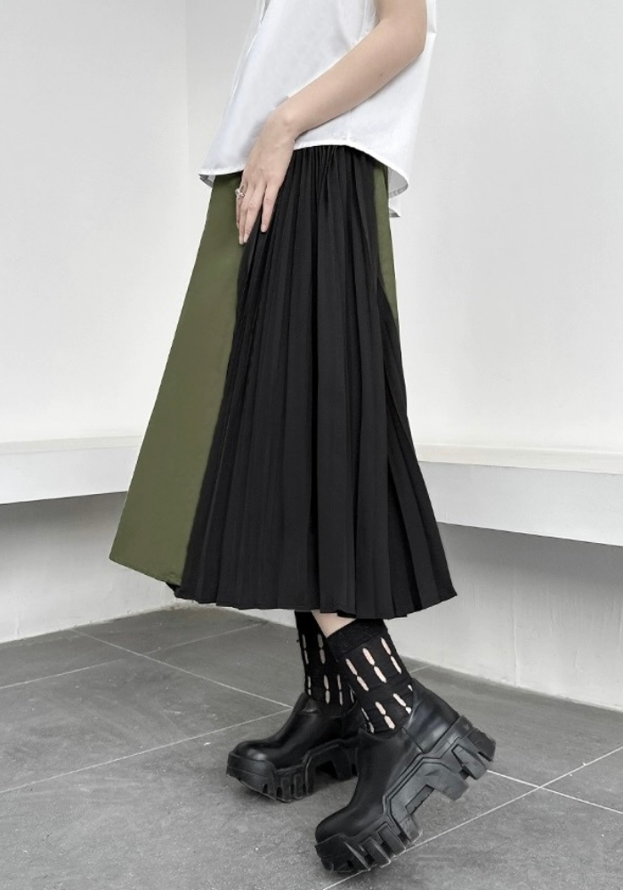 patchwork pleated straight skirt
