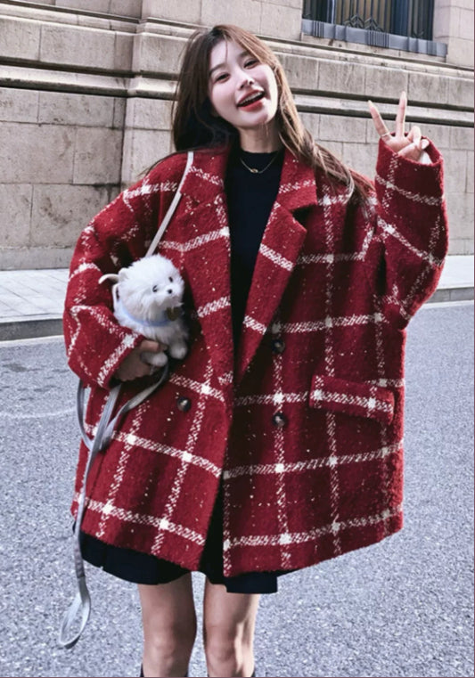 紅格仔毛呢外套