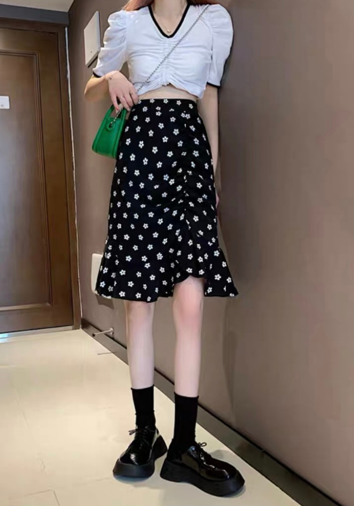 碎花魚尾包臀半身裙
