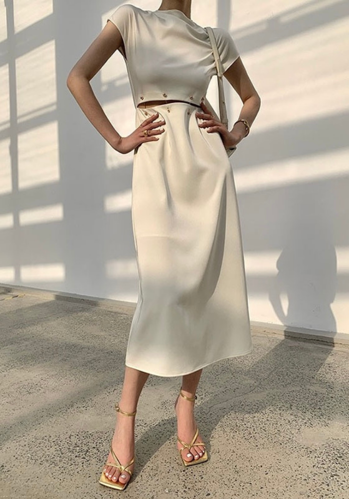 French detachable beaded button waist long skirt