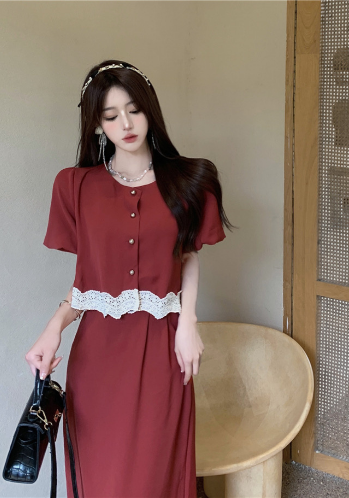 French lace patchwork top + skirt suit