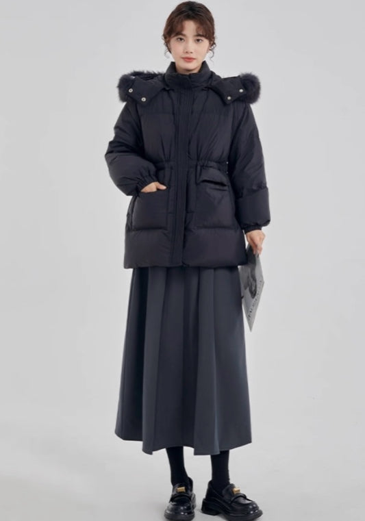 毛絨連帽收腰羽絨服
