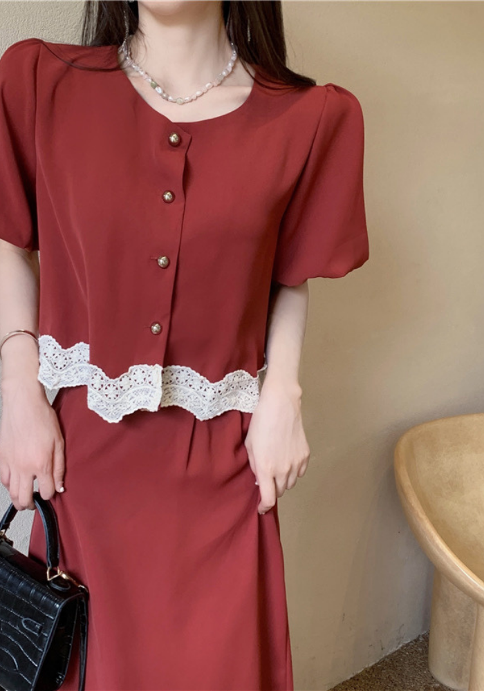French lace patchwork top + skirt suit