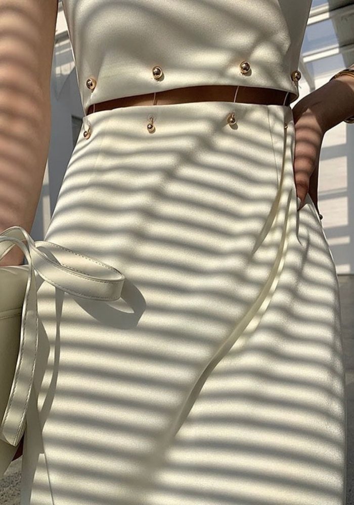 French detachable beaded button waist long skirt
