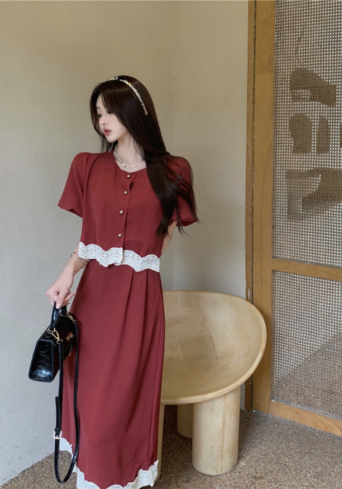 French lace patchwork top + skirt suit