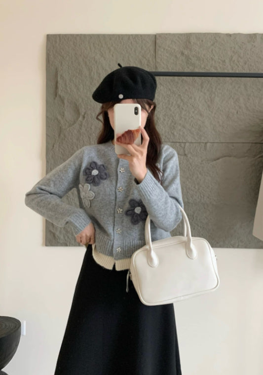 Gray three-dimensional floral sweater