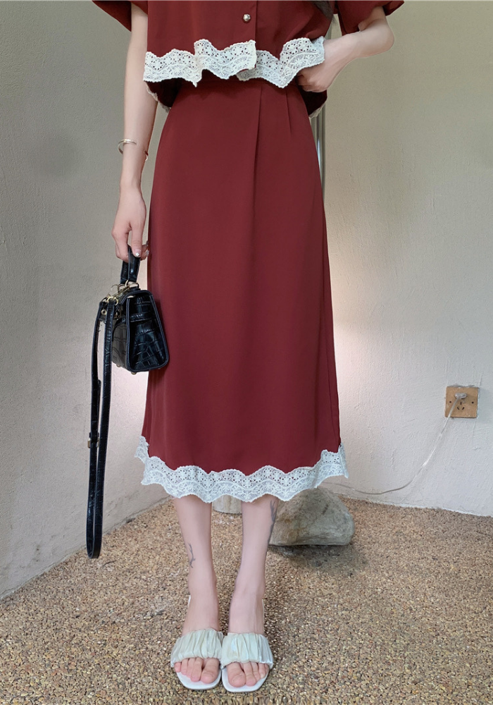 French lace patchwork top + skirt suit