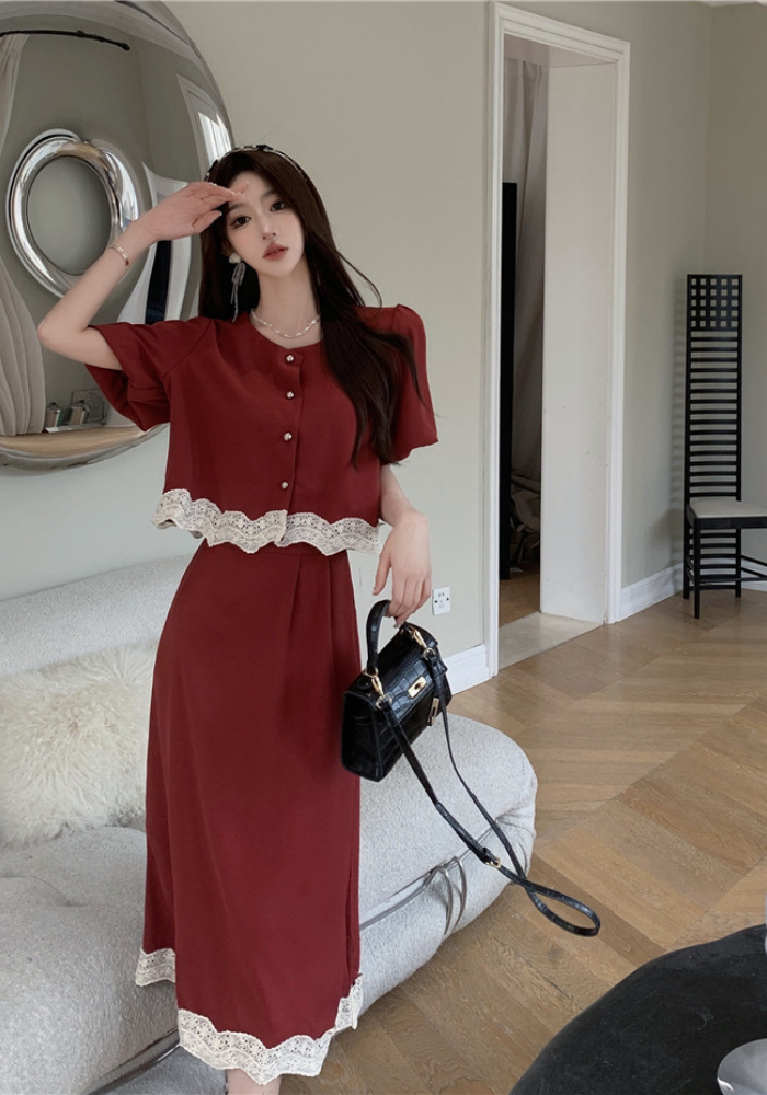 French lace patchwork top + skirt suit
