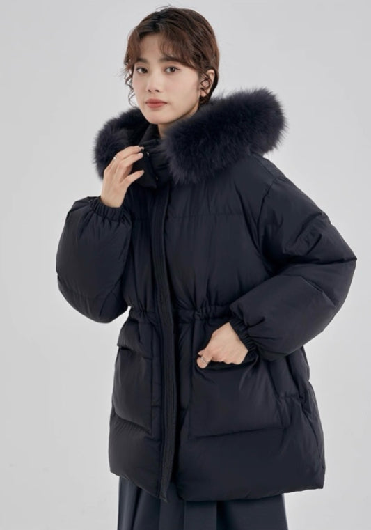 毛絨連帽收腰羽絨服