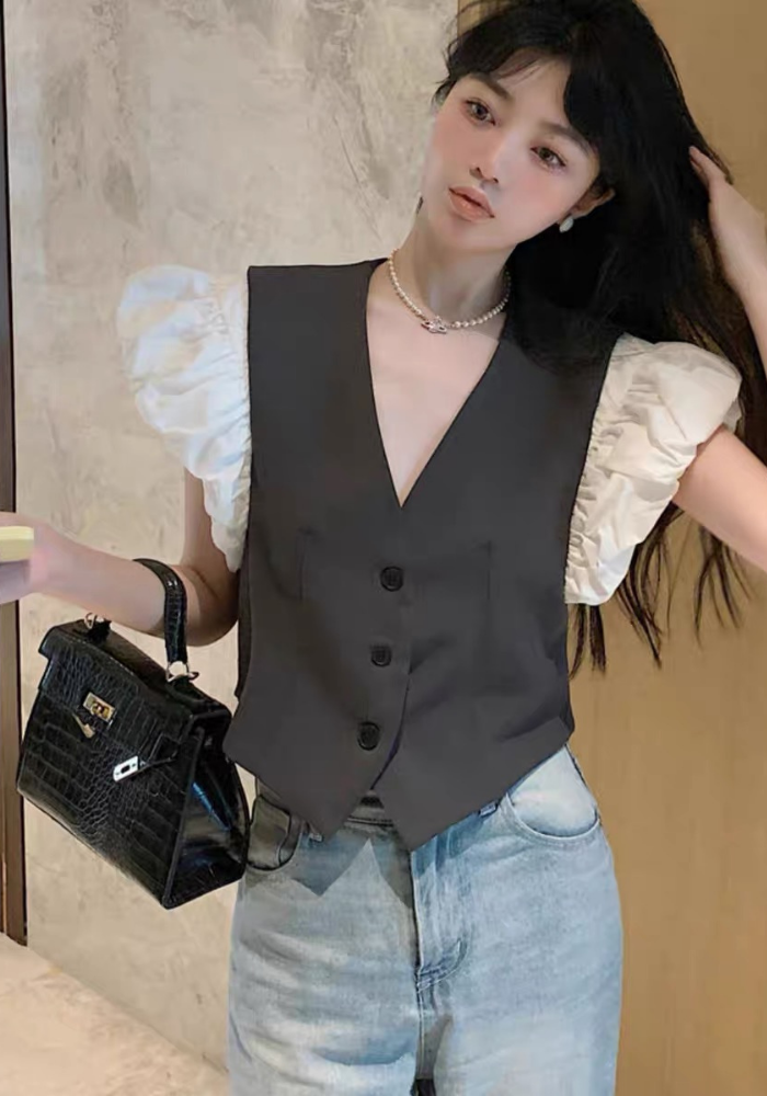 French V-neck puff sleeve blazer