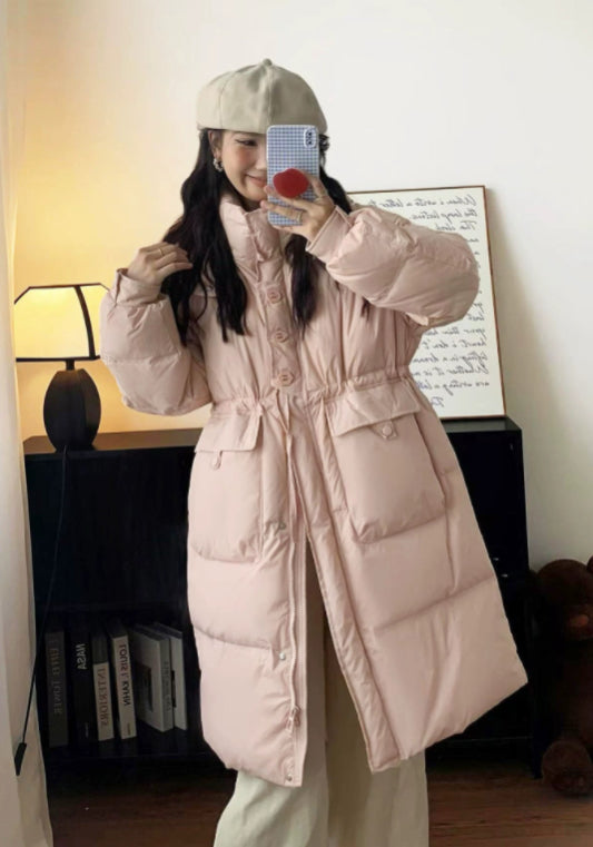 Long, fitted, hooded down jacket