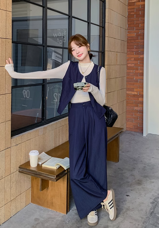 waist-cinching denim three-piece suit