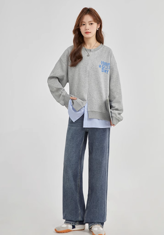 Fake two piece high slit sweatshirt