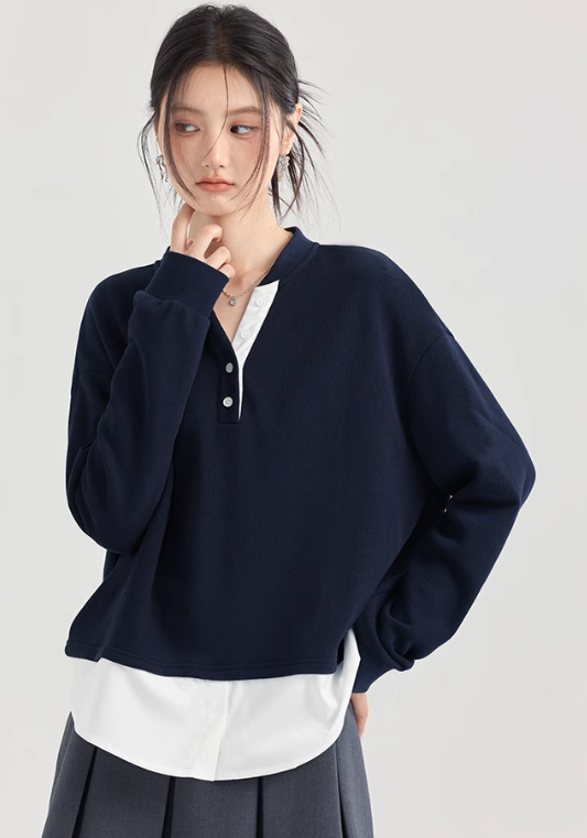 Fake two-piece black and white contrasting sweatshirts