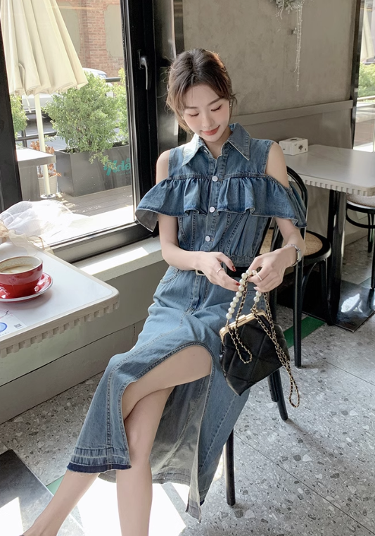 off shoulder denim skirt