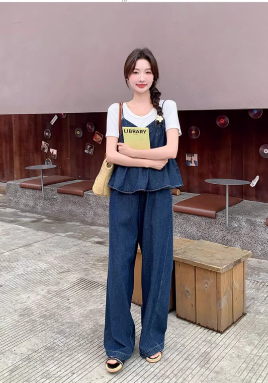 Ruffled denim three-piece suit