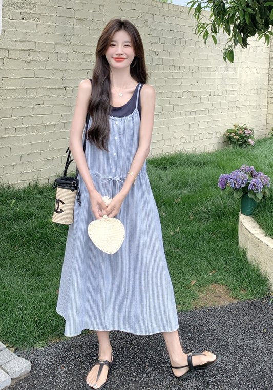 黑籃假兩件吊帶裙