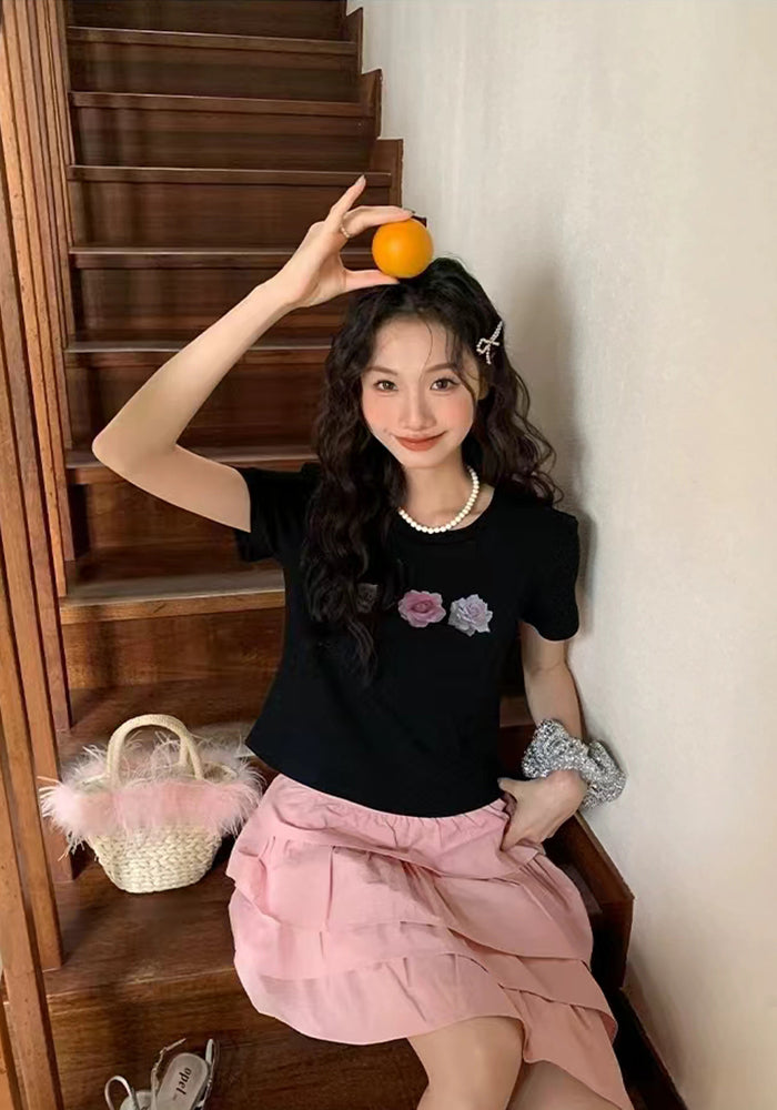 花朵正肩短袖T
