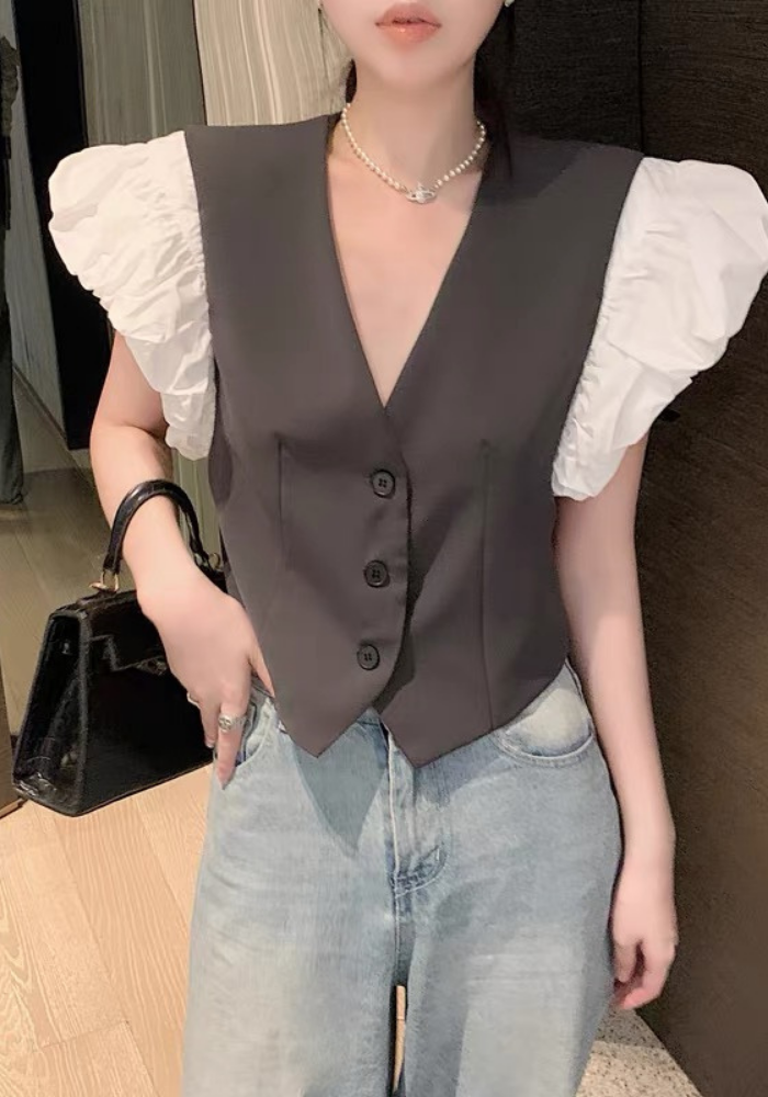 French V-neck puff sleeve blazer