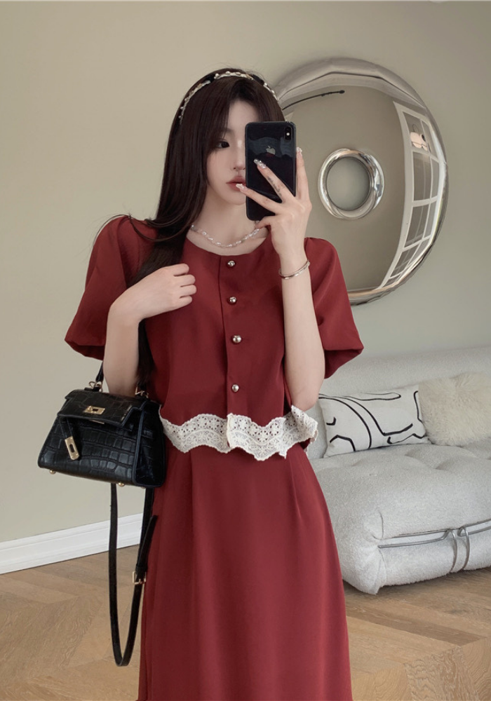 French lace patchwork top + skirt suit