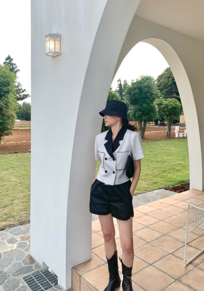 復古小香風西裝領雙排扣短袖外套