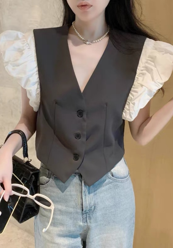 French V-neck puff sleeve blazer