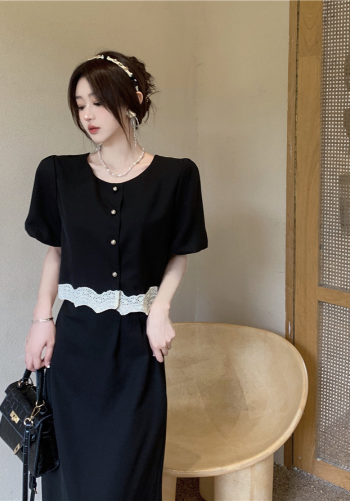 French lace patchwork top + skirt suit