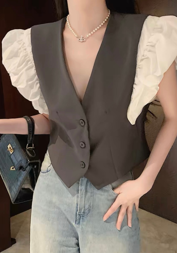 French V-neck puff sleeve blazer
