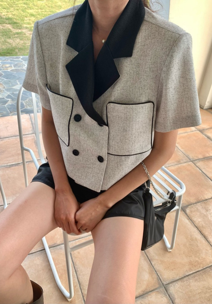 復古小香風西裝領雙排扣短袖外套