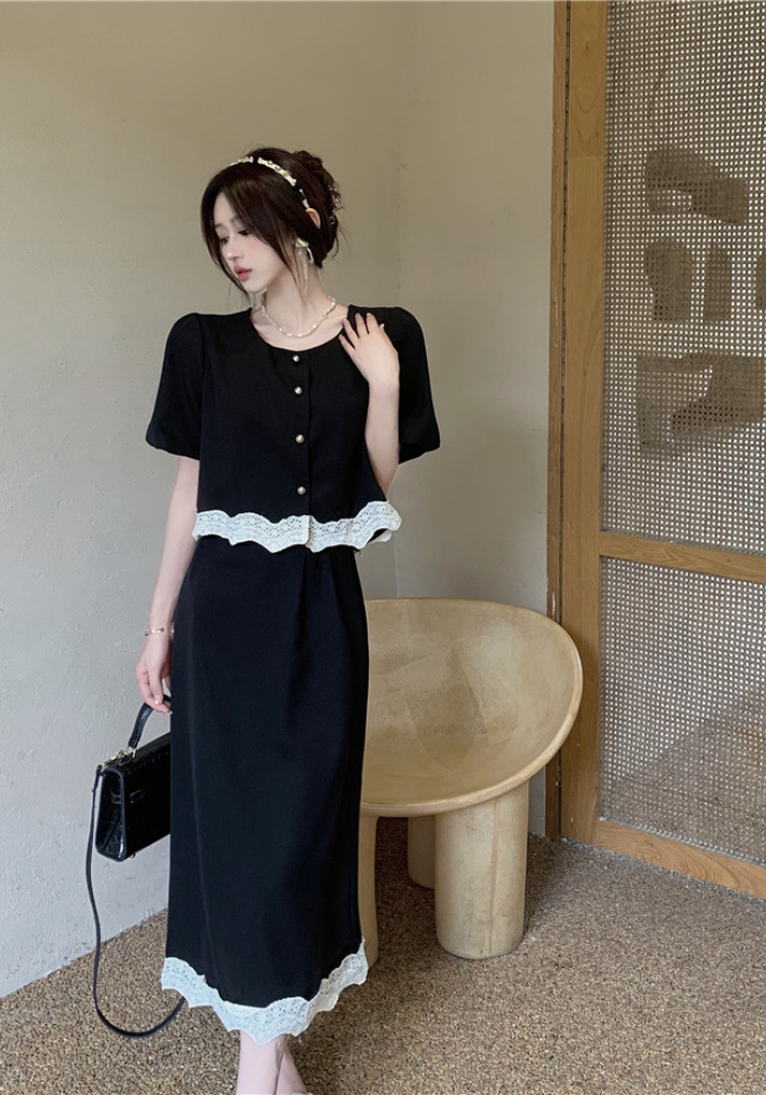 French lace patchwork top + skirt suit