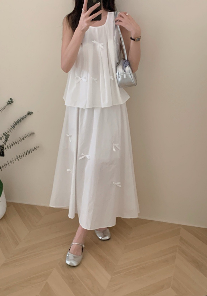 Bow sleeveless vest + skirt suit