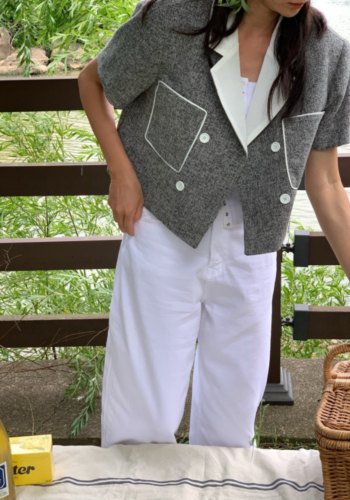 復古小香風西裝領雙排扣短袖外套