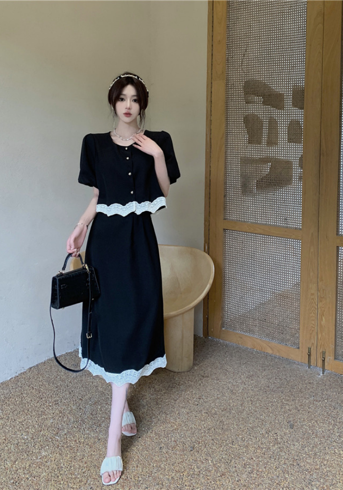 French lace patchwork top + skirt suit