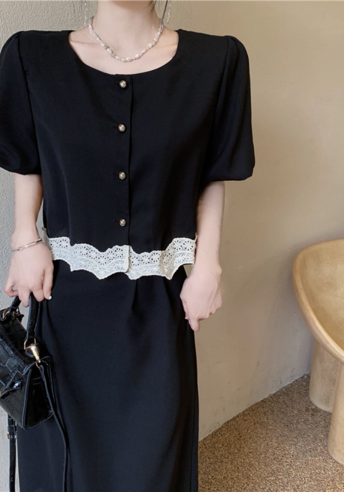 French lace patchwork top + skirt suit