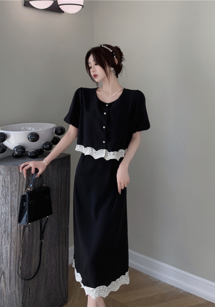 French lace patchwork top + skirt suit