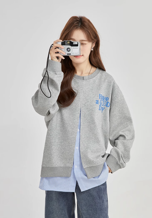 Fake two piece high slit sweatshirt