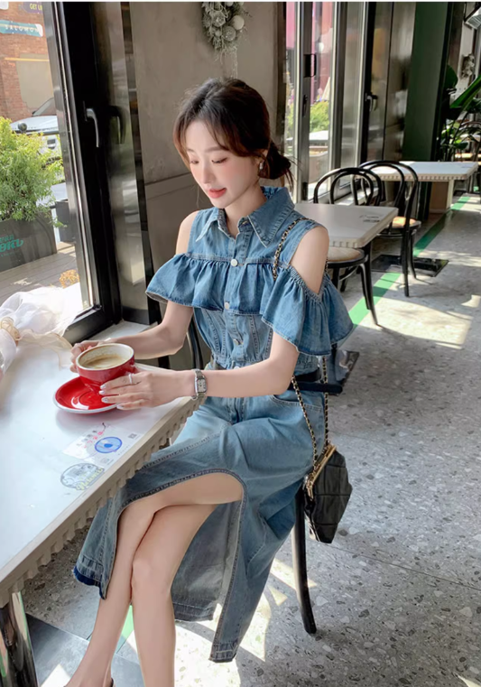 off shoulder denim skirt