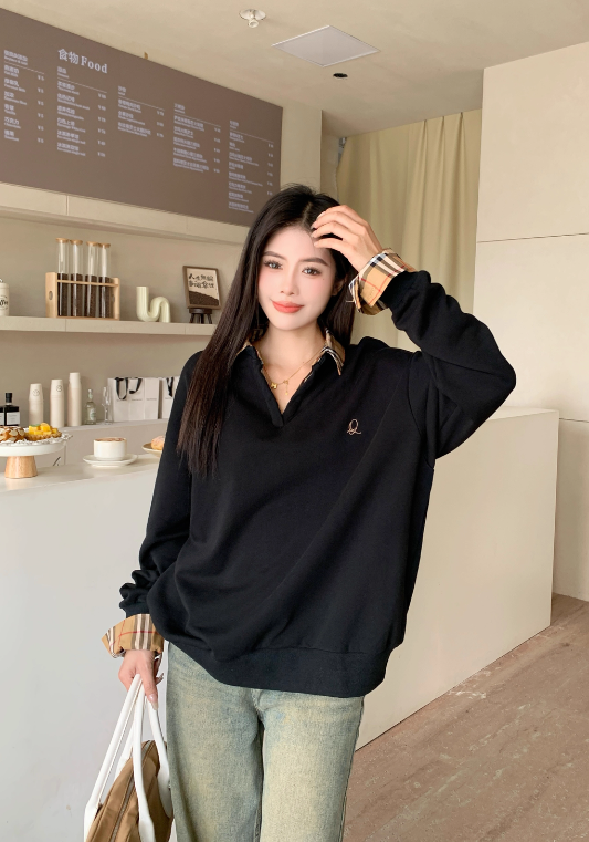 Yellow plaid collar patchwork sweatshirt